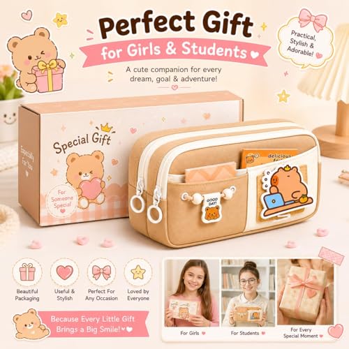 Image of Kawaii Cute Aesthetic Pencil Case 3 Layer 6 Compartment Large Capacity for Students | Pencil Pouch with Zipper | Cartoon Stationery Organizer Bag for Kids, Pencil Case for Girls & Boys (Brown)
