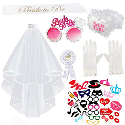 Gudotra 37 Pezzi Kit Bride to be Gadget Addio al Nubilato Velo da Sposa Satin Sash Giarrettiera Spilla Rosette Occhiali Rosa Guanti Bianco con Pettine Occhiali Guanti Matrimonio