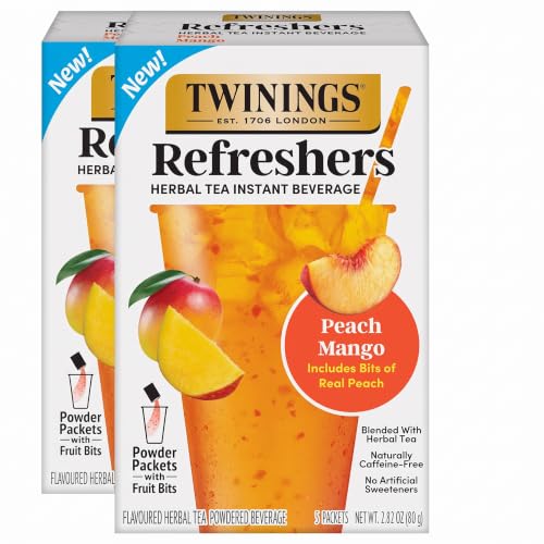 NEW Twinings Peach Mango Refreshers, Herbal Tea Instant Beverage with Real Peach Fruit Bits, 5 Count (Pack of 2), Café Style, No Artificial Sweeteners, Naturally Caffeine-Free Refreshment, 5 Packets
