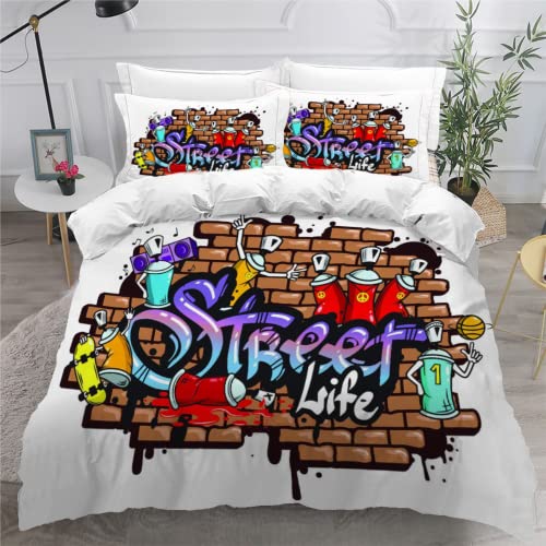 Housse de Couette 200x200 Graffiti Parure de Lit 3 Pièces 3D Imprimé Art De Rue Parure de Lit 200x200 Enfant 3 Pièces avec Fermeture Éclair 2 Taies...