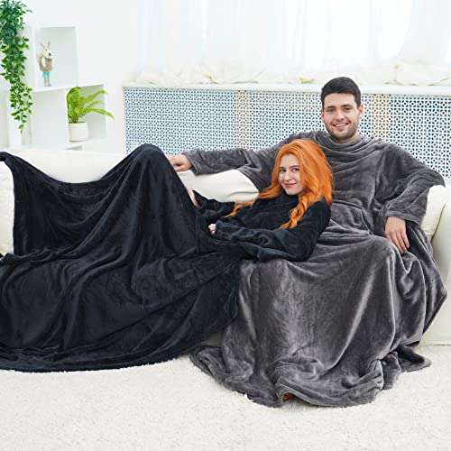 BataManta Mujer Polar Hombre Otoño Invierno, Manta con Mangas y Bolsillos Frontal, Blanket de Tejido Felpa Suave y Acogedor Negro 170x200 cm Cover