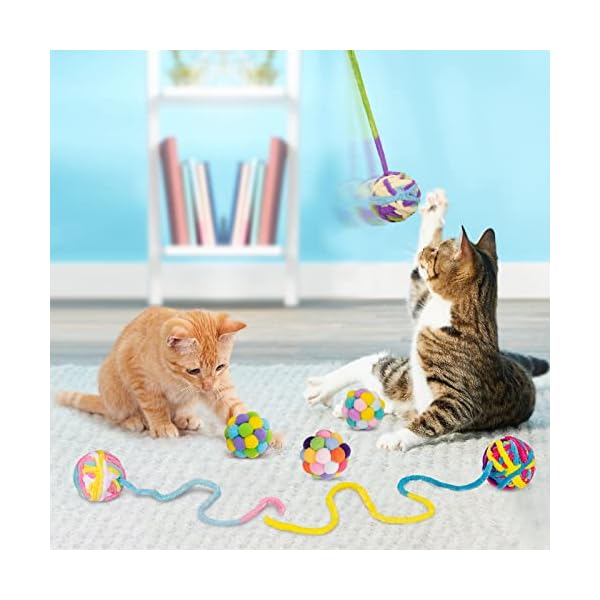 Retro shaw woolen cat toy balls with bell and fuzzy balls, interactive toys for indoor cats and kittens, chew toys, 6 pack - image 6