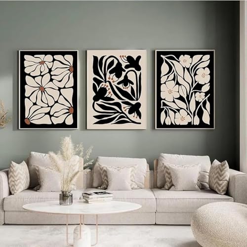 Peinture abstraite florale noire CHAOJIART triptyque sans cadre 80x110 cm