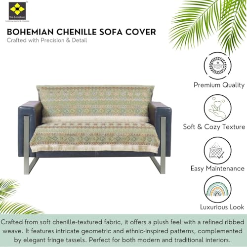 Image of Elegant Woven Green Sofa Cover - Soft Chenille Traditional Pattern with Lace Style | L-Shape Sectional Seat Protector for Living Room | Durable & Stylish Slipcover 2 Seater Sofa