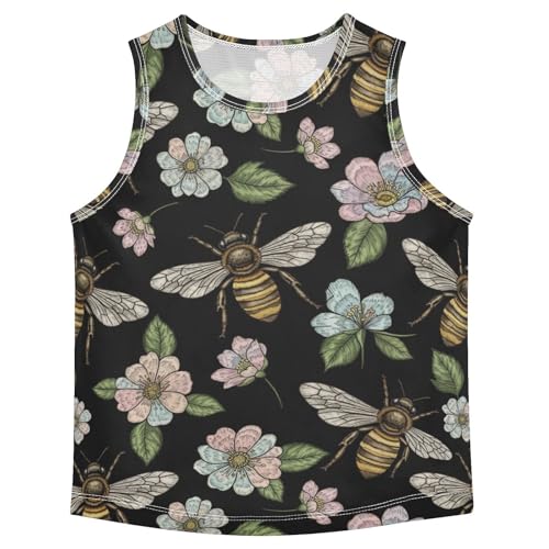 J JOYSAY Vintage Bee Flower Black Boys Tank Top Sleeveless Muscle Shirts Quick Dry Sport Workout Active Kids T-Shirts 3-15T