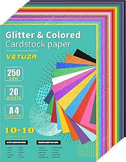 VETUZA 20 Sheets Glitter&Colored Cardstock Paper - 250GSM Cover, A4 Mixed Colored Craft Cardstock for DIY Kraft Project