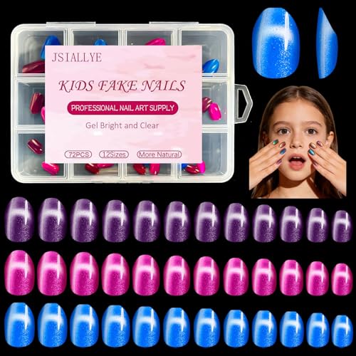 72Pcs Blue Cat Eye Press on Nails for Kids, Jsiallye Short Almond Press On Nails For Girls, Pre-glue Full Cover Glossy Glitter Cat Eye Fake Kid Nail Tips Stick On Nails in 12 Sizes