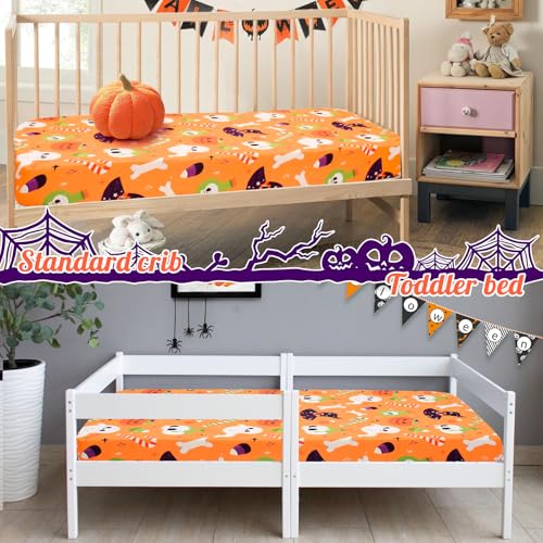 Image of UOMNY Halloween Pumpkin Crib Sheet for Boys Girls Halloween Fitted Crib Sheets for Standard Crib 52 X 28 Inch Toddler Crib Mattresses Sheet, Purple Hat
