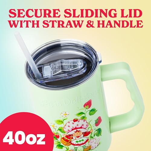 Image of Silver Buffalo Strawberry Shortcake and Custard inchLife is Delicious! inch Double Walled Stainless Steel Tumbler with Handle, Fits in Standard Cup Holder, 40 Ounces