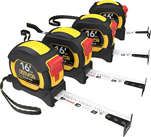 LEXIVON [4-Pack] 16Ft/5m DuaLock Tape Measure | 1-Inch Wide Blade with Nylon Coating, Matte Finish White & Yellow Dual Sided Rule Print | Ft/Inch/Fractions/Metric (LX-207X4)