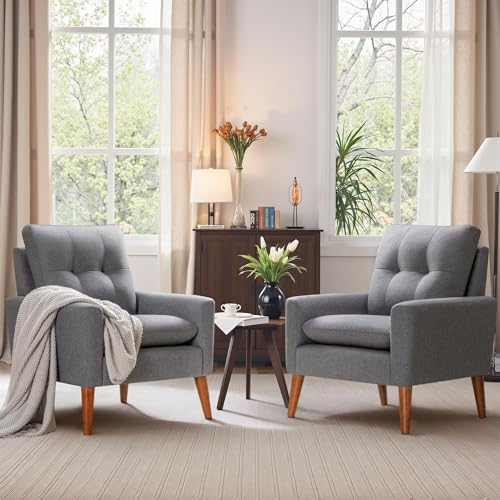 JUMMICO Mid Century Accent Chair, Fabric Modern Reading Living Room Chair, Fluffy Comfy Armchair Small Sofa Chair with Wood Legs for Bedroom Office Cafe, Set of 2 (Grey)