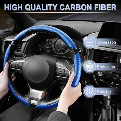 Image of Amiss 3pcs Carbon Fiber Anti-Skid Steering Wheel Cover, Waterproof & Segmented Butterfly Design, Universal 99% Vehicle Wheel Cover Protector, Car Interior Accessories, Blue