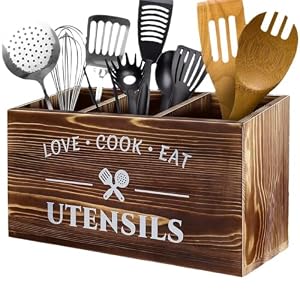 Large Utensil Holder – Wooden Caddy Organizer with 3 Compartments for Kitchen Counter – Utensil Caddy for Kitchen Countertop – Spatula & Cooking Tool Storage