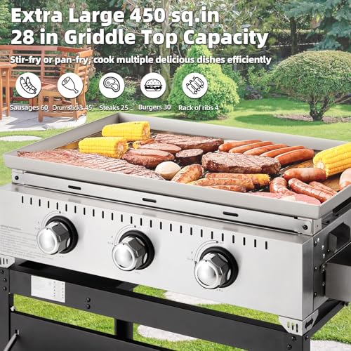 MELLCOM 3 Burner 30000 BTU Outdoor Gas Griddle with Lid (Side Shelf), Portable Flat Top Griddle 28 Inch Heavy- Duty Cast lron Grill, Bottle Rack & Grease Pan for Camping, Picnic, Patio - Thumbnail 5