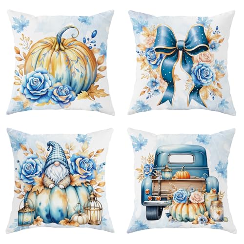 SEGXCFL Fall Pillow Covers 18x18 Set of 4 Soft Velvet Pillow Covers Pumpkin Gnome Decorative Pillowcase Modern Decor for Couch Sofa Porch Blue Pillowcovers Fall Decorations for Home