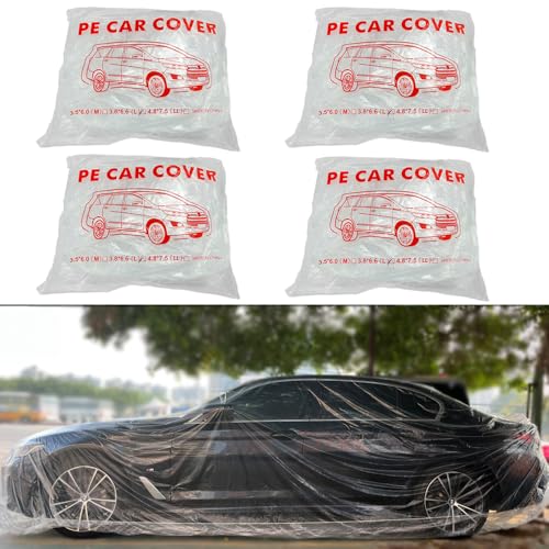4 Packs Disposable Car Cover Clear Plastic Car Cover Universal Rain Dust Garage Cover with Elastic Band Medium (12.4 FT x 21.6 FT)