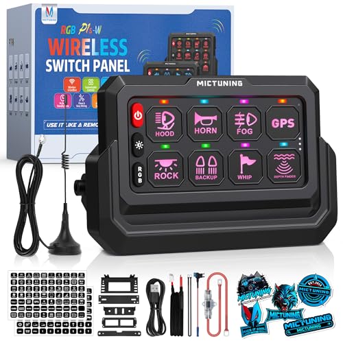 MICTUNING P1s-W 8 Gang RGB Wireless Switch Panel 328FT 433MHz Remote Range Up to 4-Panel Sync Multi-Function Backlit Toggle/Pulsed/Momentary/Strobe Control for Offroad Trucks & Cars Plug and Play