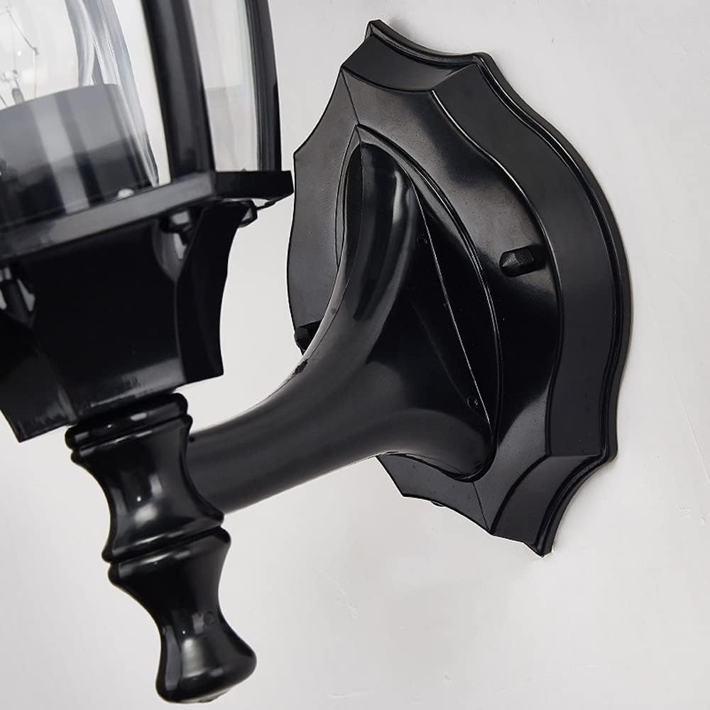 Lampa ścienna na ganek zewnętrzny, wodoodporny, kolor czarny, antykorozyjny, z przezroczystą szklaną podstawą E26/E27, idealna do domu, garażu, drzwi wejściowych.