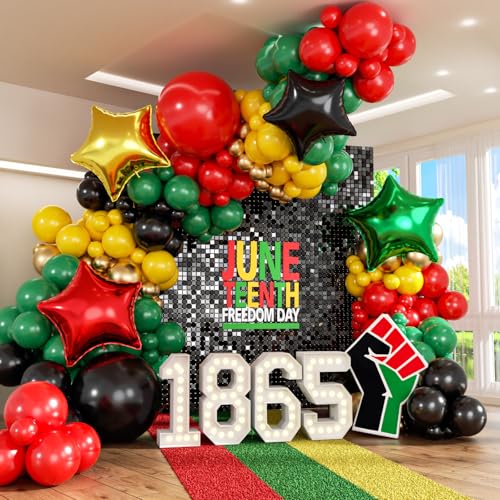 154pcs Red and Black Balloon Arch Garland Kit with Red Black Gold Green and Yellow Foil Balloons for Black History Month Birthday Party Decorations