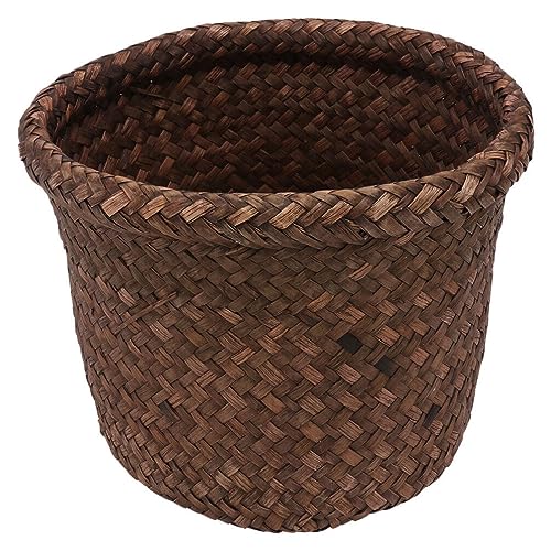 Image of HEMOTON Seagrass Waste Basket Boho Woven Trash Can Garbage Container Bin Wicker Rattan Laundry Hamper Plant Pot Storage Basket for Bathroom Kitchen Home Office 15X15X12CM