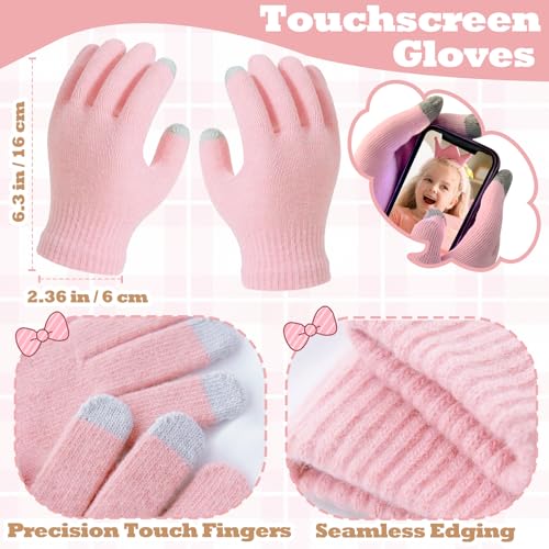 Kids Winter Beanie Hat Scarf Gloves Set for Girls Boys Age 3-10Y,Cute Bow Cuffed Knitted Hat Neck Scarf with Fleece lined4