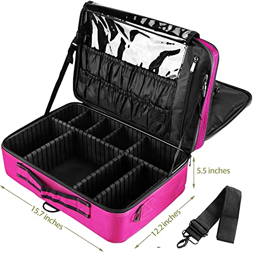 Image of Adson Large Makeup Bag 3 Layers Professional Train Cosmetic Bag Makeup Organizer Case Portable Artist Storage Brush Box with Adjustable Dividers and Strap for Makeup Accessories (Pink)