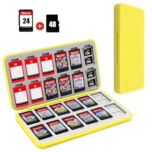 Image of FYY Nintendo Switch Game Case Holder for Switch 2 Cartridge Case with 24 Game Card Slots & 48 Micro SD Card Slots, Hard Shell, Silicone Lining Yellow