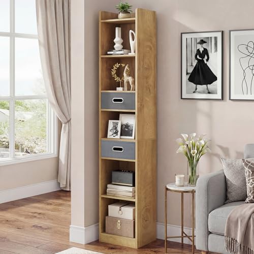 YITAHOME Hohes, schmales Bücherregal, schlankes Eckregal mit 5 Ebenen und 2 Stoffschubladen, freistehendes Regal für Wohnzimmer, Schlafzimmer, Büro, Eichenfarbe, 30 B × 24 T × 180 H cm