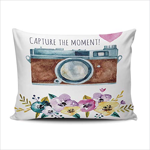 ONGING Decorative Pillowcases Capture The Moment Vintage Watercolor Camera with Flowers Heart Customizable
