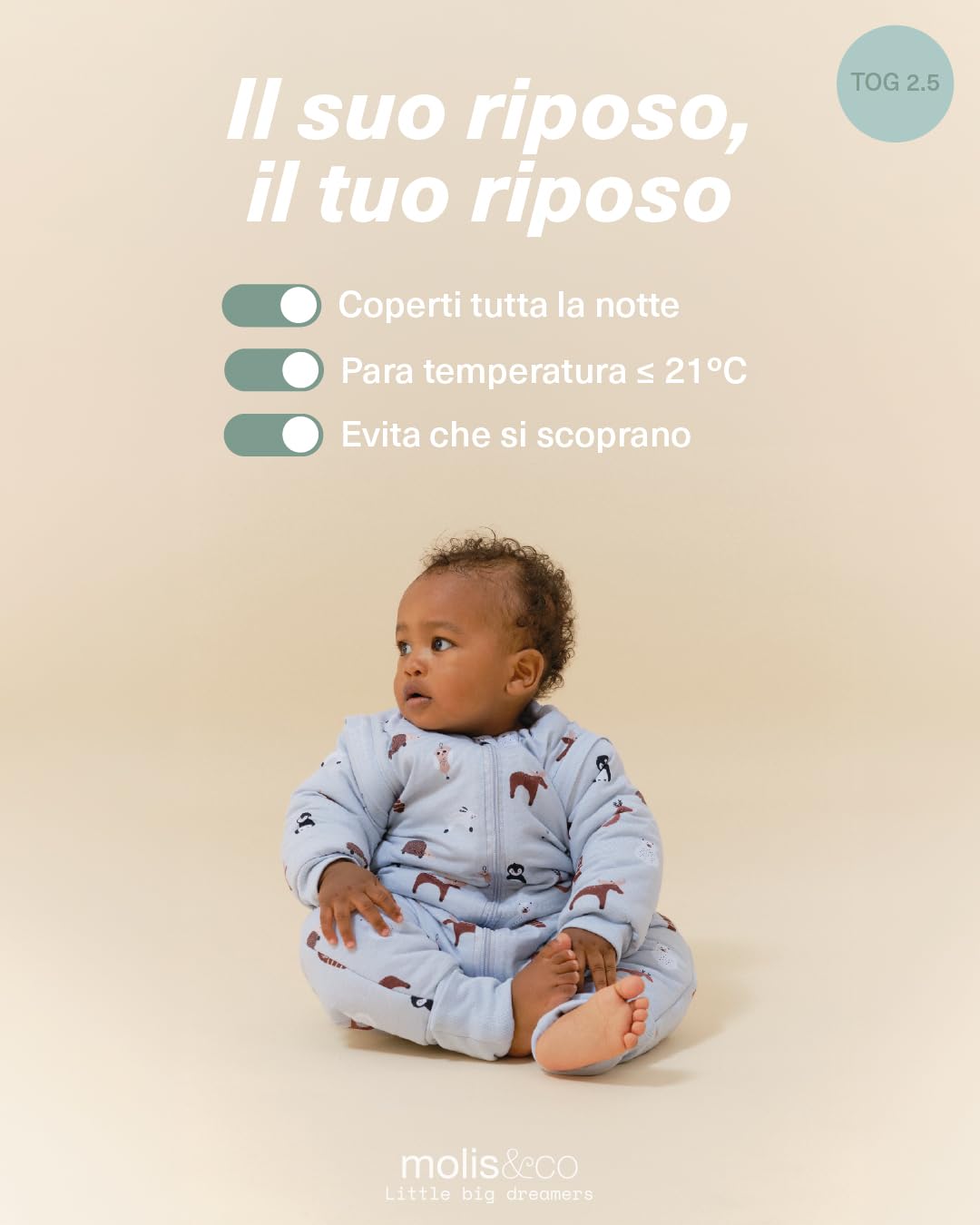 molis&co - Sacco Nanna con piedini, maniche staccabili e calzini - Sacco nanna invernale per Bambini - Sacchi Nanna 2.5 tog con piedini - 100% Cotone (Oeko-TEX 100) (Winter Animals, 1 anno)