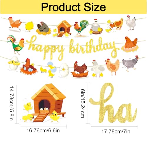 Image of 3pcs Chicken Birthday Decorations Gold Glitter Happy Birthday Banner and Chicken Paper Garlands for Spring Easter Hen & Chick Farm Theme Party Decor Supplies