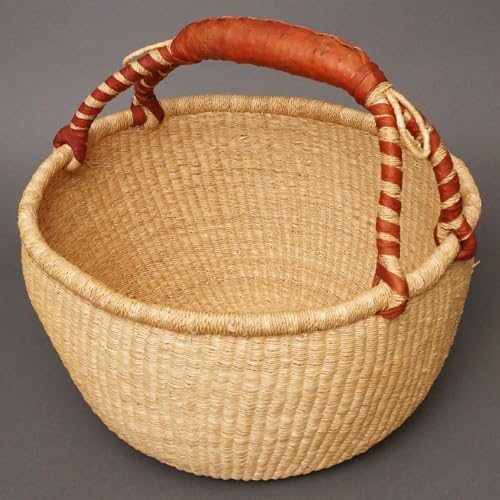 アフリカ ブルキナファソ 半球型 バスケット Lサイズ No.7 ブラウン レザーハンドル アフリカンバスケット かご 小物入れ カ