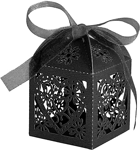 KPOSIYA 100 Pack Love Heart Laser Cut Wedding Party Favor Box Candy Bag Chocolate Gift Boxes Bridal Birthday Shower Bomboniere with Ribbons