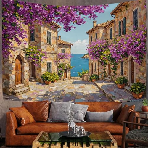 Tapisserie murale rétro tissu grand format 150x130cm décoration salon ville européenne