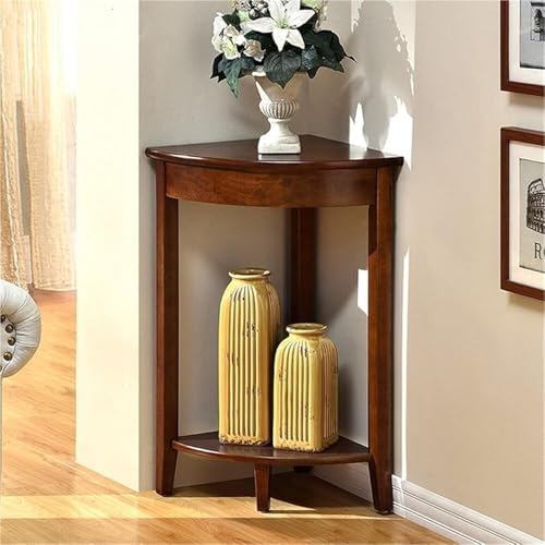 Compact Triangle Solid Wood Corner Table with 2 Shelves – Stylish Space-Saving Sofa Accent Table for Small Rooms, Brown Corner Shelf Unit for Home Decor