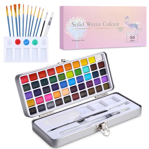 SinLaw 50 Colores Acuarelas Profesionales,Acuarelas para Niños,Set de Acuarela con 11 Pinceles,1 Paleta,1 Esponja,Kit Perfecto con Pincel de Agua para Niños y Profesionales