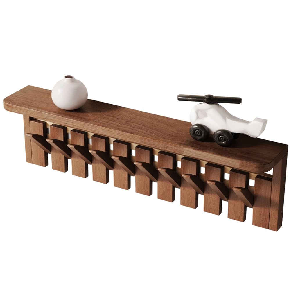 ZHOUXIAO Solid Wood Coat Rack with Shelf Wall Mount, Walnut Wood Coat Hooks Hanger 6hook