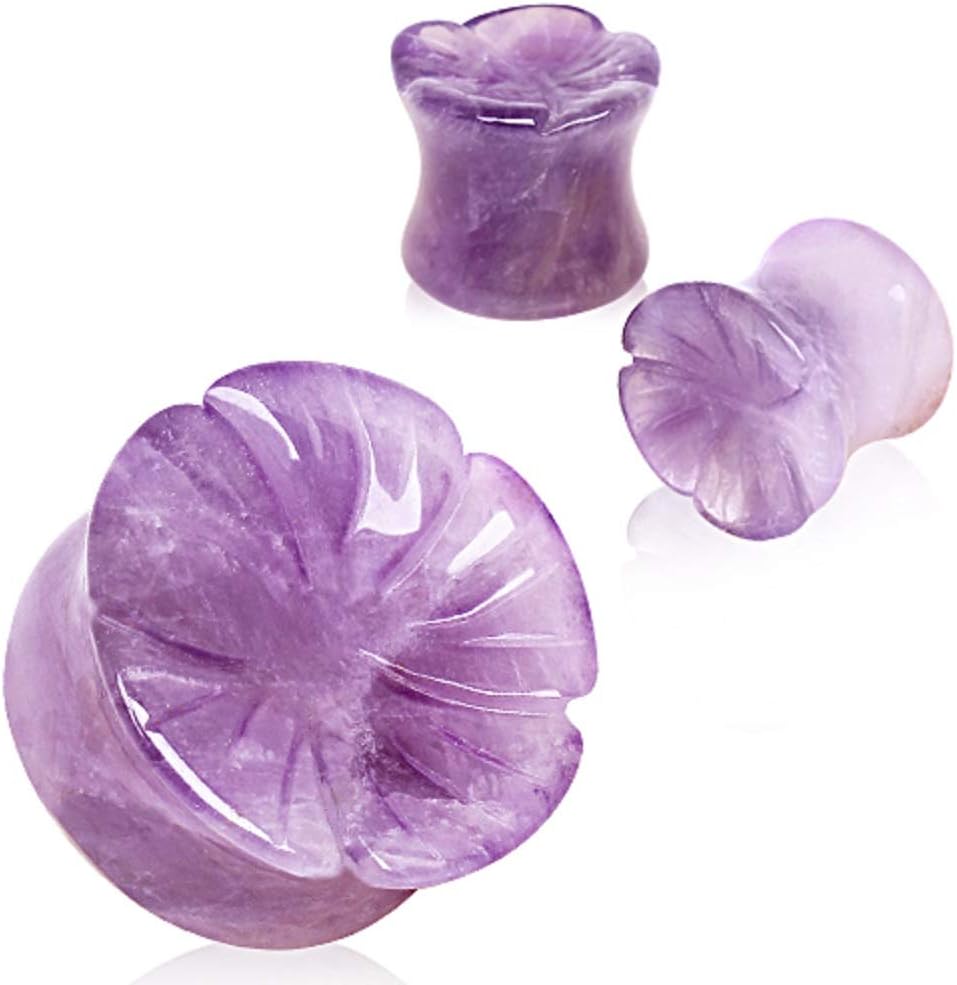 Pierced Owl - Natural Amethyst Stone Flower Double Flared Saddle Plug Gauges, Sold as a Pair - Image 2