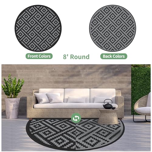 Image of GENIMO Outdoor Rug, Waterproof Plastic Rugs for Patio, 8' Round Black Grey | Outside Larger Modern Carpet Mat for Deck Decor, Porch, Balcony, Backyard, Camping, Picnic, Beach, RV, Reversible, Foldable
