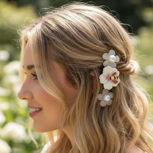 Image of Alvero 2Pc Elegant Flower Hair Clips for Women, Translucent Floral Barrettes with Pearl & Crystal Rhinestone, Cute Korean Style Clips for Wedding, Party - 6 x 2 x 1.5cm (Pack of 2 Piece) (White)
