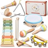 Baby Musical Instruments Set Montessori Wooden Music Toys for Toddlers 3 4 5 Neutral Color Percussion Music Kit with Drum, Xylophone,Storage Bag, Birthday Preschool Learning Gift for Boys Girls