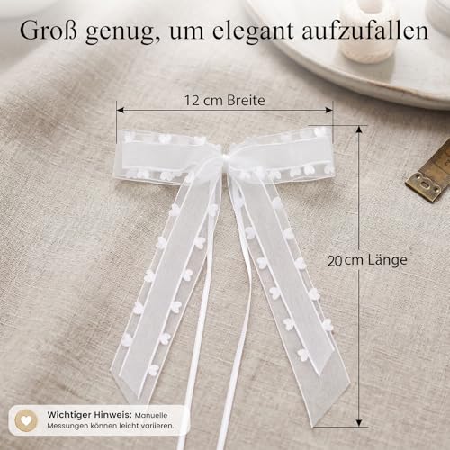 VGOODALL 30 Stück Autoschleifen Hochzeit Weiß, Satin Antennenschleifen 25x12cm für Hochzeitsauto Deko, Schleifen mit Herzmuster für Stühle und Kirchendeko, Stilvolle Gastgeschenke