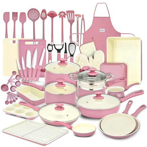 NutriChef Topfset & Pfannenset – 54-teiliges Antihaft-Kochgeschirr Blush Pink | Inkl. Küchenutensilien, Backblech, Messer | Für Induktion… – Ansicht 1