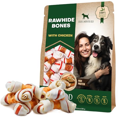 Dog Rawhide Bones Wrapped with Chicken & Pet Natural Chew Treats - Grain Free Meat & Healthy Human Grade Dried Snacks in Bulk - Best Chews for Training Small & Large Dogs - Made for USA