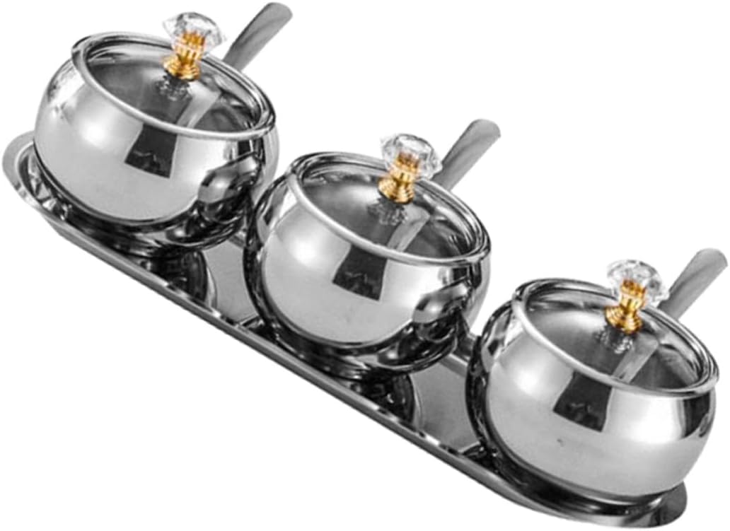 Homoyoyo Stainless Steel Sugar Bowl with Lid and Spoon, Condiment Canister Set with Tray for Kitchen, Salt and Spice Storage Container, Metal Seasoning Holder for Home Cooking