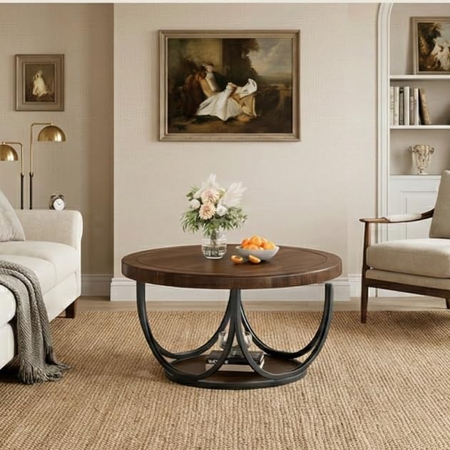 Tribesigns Table Basse Ronde avec 2 Niveaux, Table de Cocktail Ronde en Bois de 80 cm avec étagère de Rangement et Cadre en métal, Tables centrales...