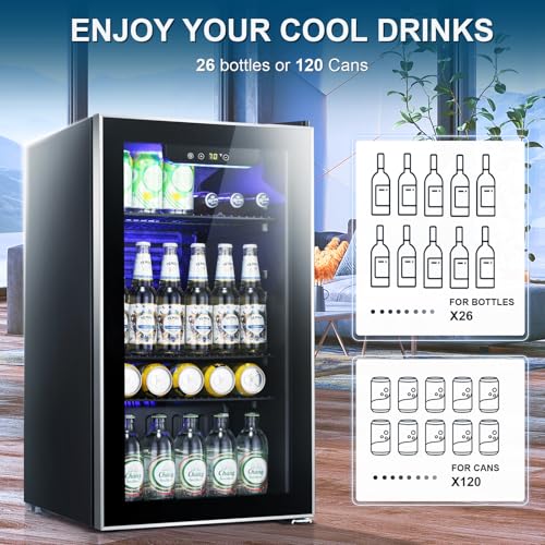 Antarctic Star Beverage Refrigerator -120 Can Mini Fridge for Soda Beer or Wine,Small Drink Dispenser, For Office or Bar with Adjustable Removable Shelves,Convertible Door ,3.1 Cu.Ft