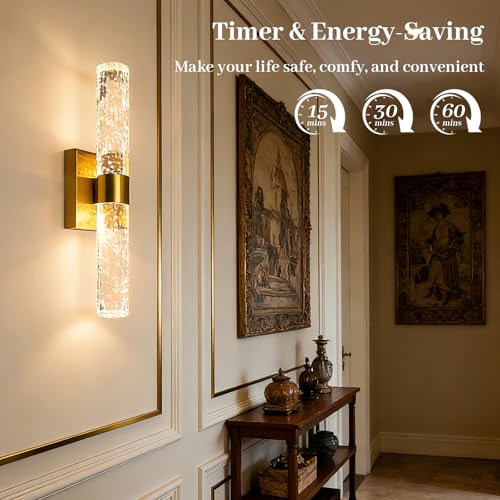 Image of LED Crystal Battery Operated Wall Sconce Set of 2, Gold Rechargeable Battery Powered Wall Lights with Remote, 3 Color Dimmable Wall Lamp for Living Room Bathroom Hallway