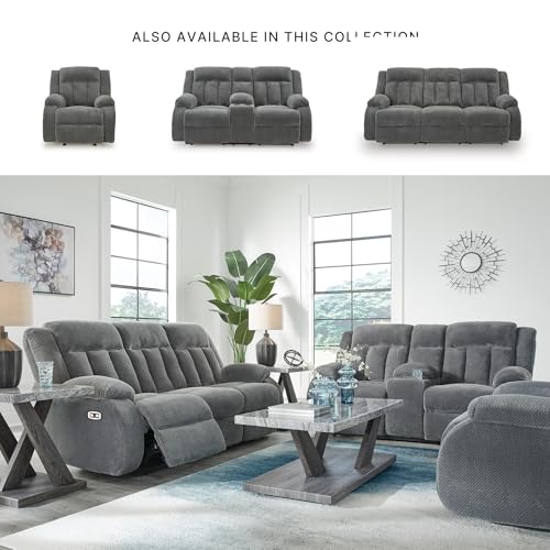 Image of Signature Design by Ashley Free Wake Modern Dual-Sided Power Reclining Sofa with Drop Down Table, USB Charging Port and 2 Cup Holders, Gray