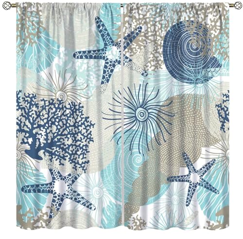 Coastal Curtains Ocean Beach Themed Room Darkening Window Curtain Nautical Coral Decor Curtain for Bedroom Living Room Bathroom Nursery Set 2...